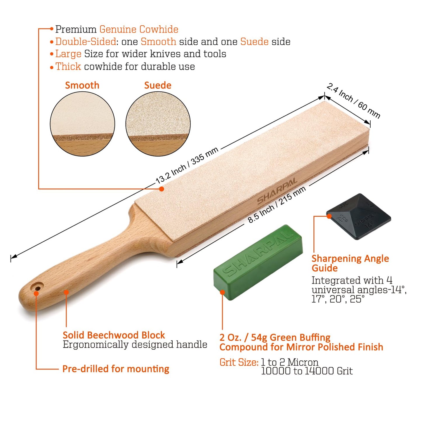 SHARPAL 205H Double-sided Leather Strop (Genuine Cowhide) 13.2" x 2.4" Kit with 2 Oz. Polishing Compound & Angle Guide, Knife Stropping Block for Sharpening & Honing Knives tools, Woodcarving Chisels