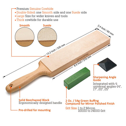 SHARPAL 205H Double-sided Leather Strop (Genuine Cowhide) 13.2" x 2.4" Kit with 2 Oz. Polishing Compound & Angle Guide, Knife Stropping Block for Sharpening & Honing Knives tools, Woodcarving Chisels