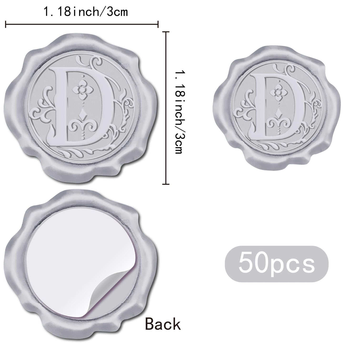CRASPIRE 50Pcs Letter D Wax Seal Sticker Alphabet Initial Silver Vintage Self Adhesive Seal Stickers Sealing Label Decal for Envelope Invitations Gift Wrapping Wedding Birthday Cards Making Christmas