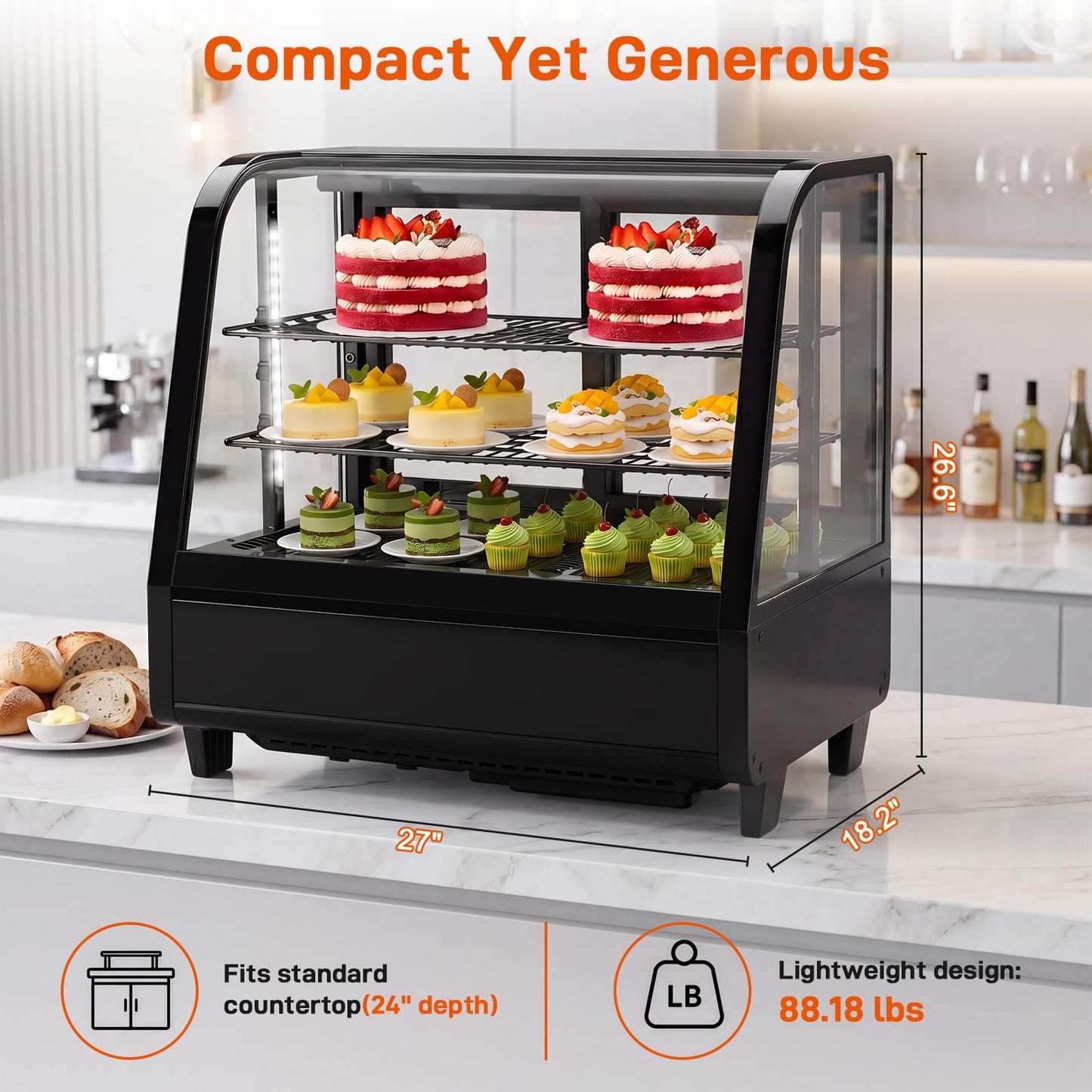 Commercial Cake Display Refrigerator, 100L Countertop Curved Glass Cooler with LED Light, Digital Thermostat, Frost-Free Pastry Showcase, Tempered Glass & Rear Sliding Doors for Bakery/Cafe/Home