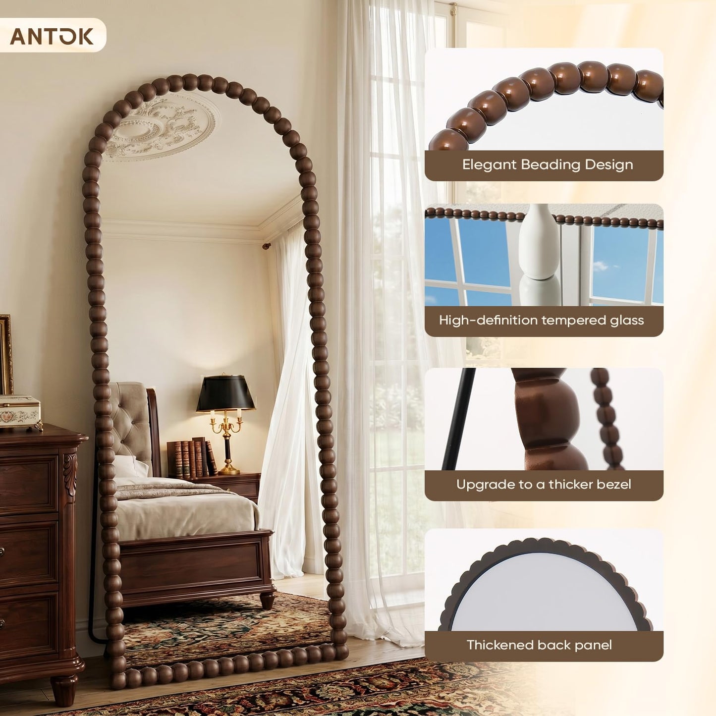 Antok 71" x 28" Arched Full Length Mirror, Antique Beaded Frame Floor Standing or Wall Mounted Mirror with Stand for Bedroom, Entryway, Brown, Luxury Style