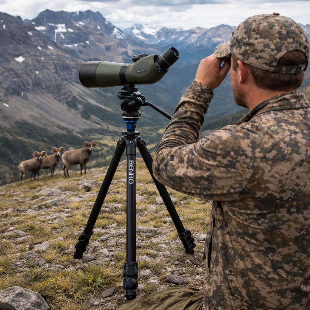 Benro A1573F Aluminum Tripod for Spotting Scopes, Binoculars, Outdoor Field Viewing, Leveling Base, Smooth Fluid Head w/Sliding QR Plate, Flip Locks, Case, Adjustable Legs, 62" Max Ht, 5.5lb Payload
