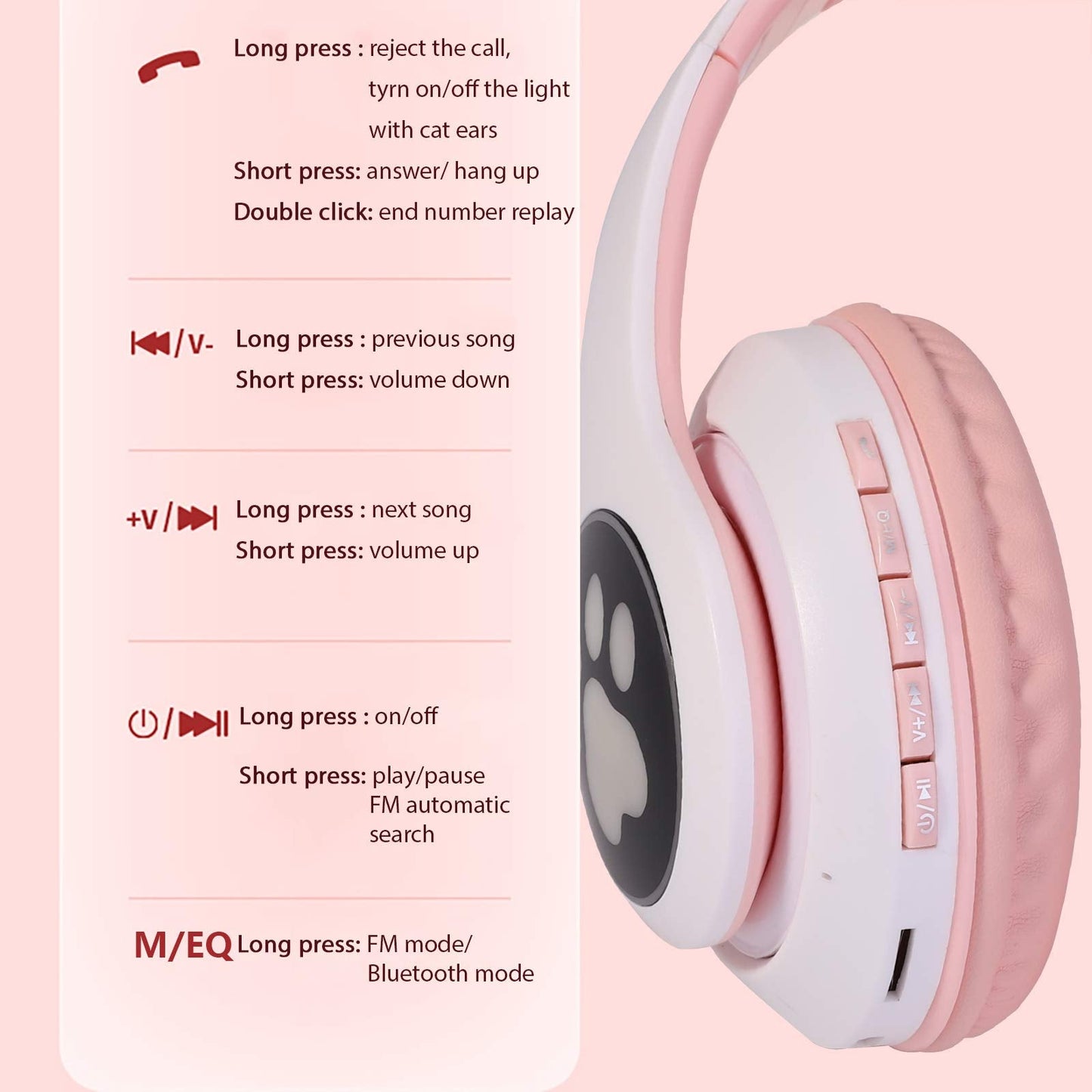 TCJJ Bluetooth 6.0 Cat Ear Kids Headphones for Girls, LED Light Up, 85dB Safe Volume Limit, Stereo Sound Toddler Foldable Wireless & 3.5mm Wired Headset with Mic for School, Tablet, Travel