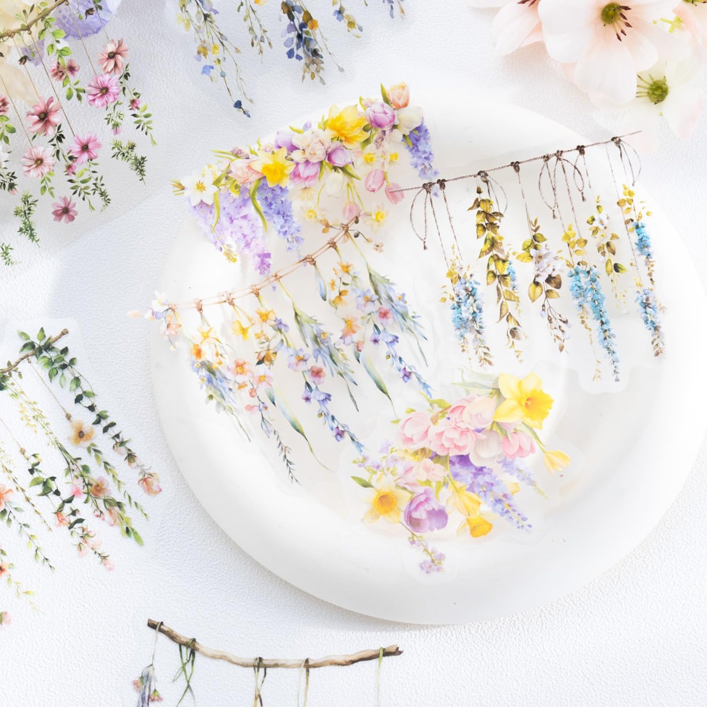 AuriicLeaf Hanging Floral PET Stickers Set, 60PCS Botanical Flower Stickers for Scrapbooking, Journaling, DIY Crafts, and Art Supplies