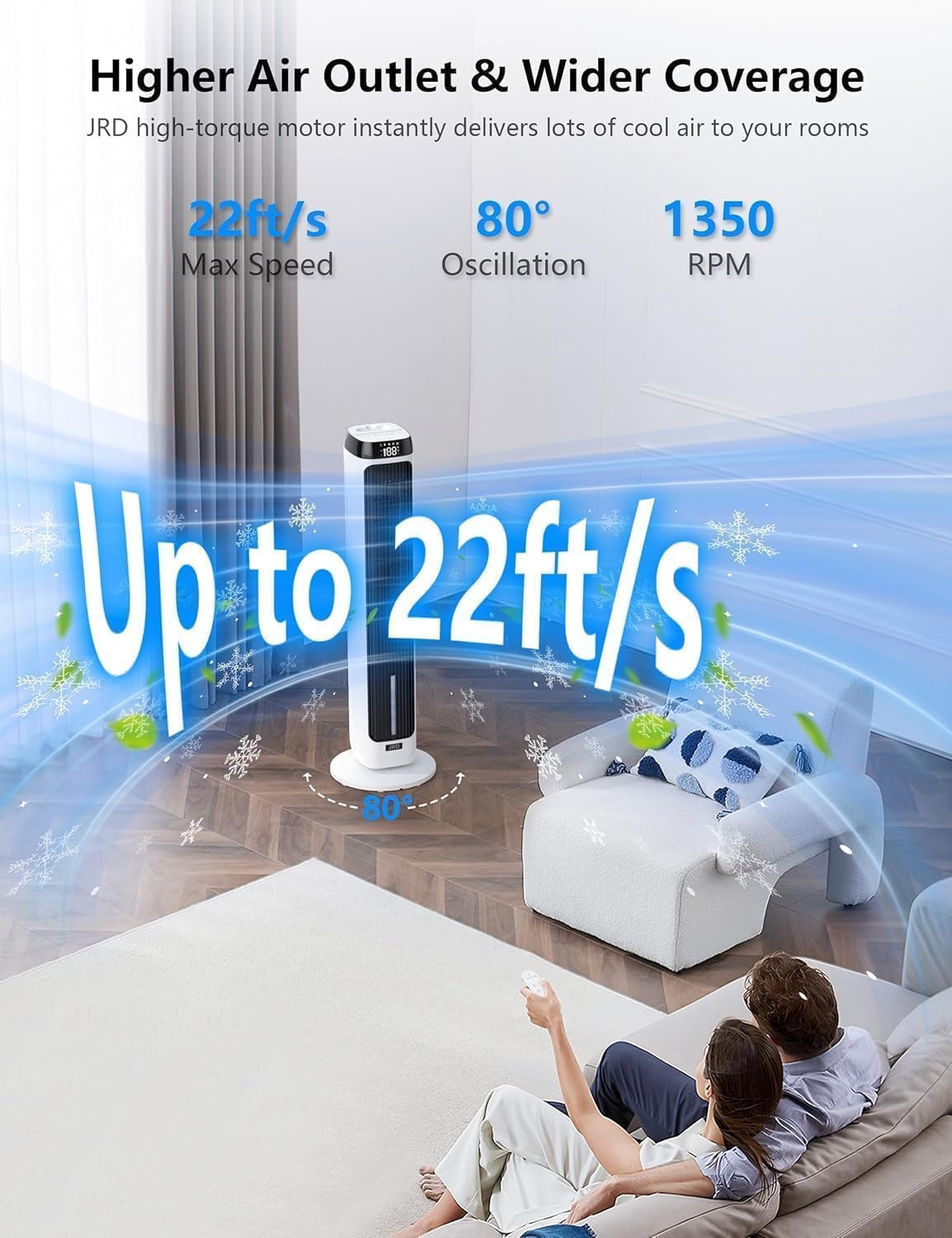 JRD 41" Evaporative Cooler with 3 Speeds, 5 Modes, Remote, 80° Oscillation Swamp Cooler with 12H Timer, Bladeless Tower Fan Cooling Fan for Bedroom Office Home