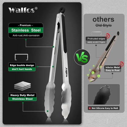 Walfos Stainless Steel Kitchen Tongs for Cooking- 7 ，9 and 12 Inch, Food Grade Metal Tongs for Cooking, BBQ, Set of 3 Heavy Duty Locking Cooking Tongs Non-Slip Grip