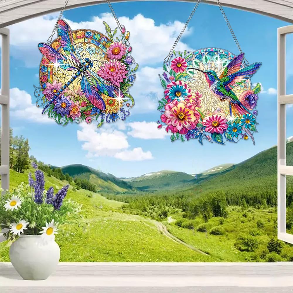 Muzagroo Art 5D Hummingbird Diamond Art Kits for Adults, Hanging Ornament Kits for Windows, DIY Special Shaped Diamond Art Suncathcer, Crystal Window Hanging Pendant Ornament 2PCS (Hummingbird)