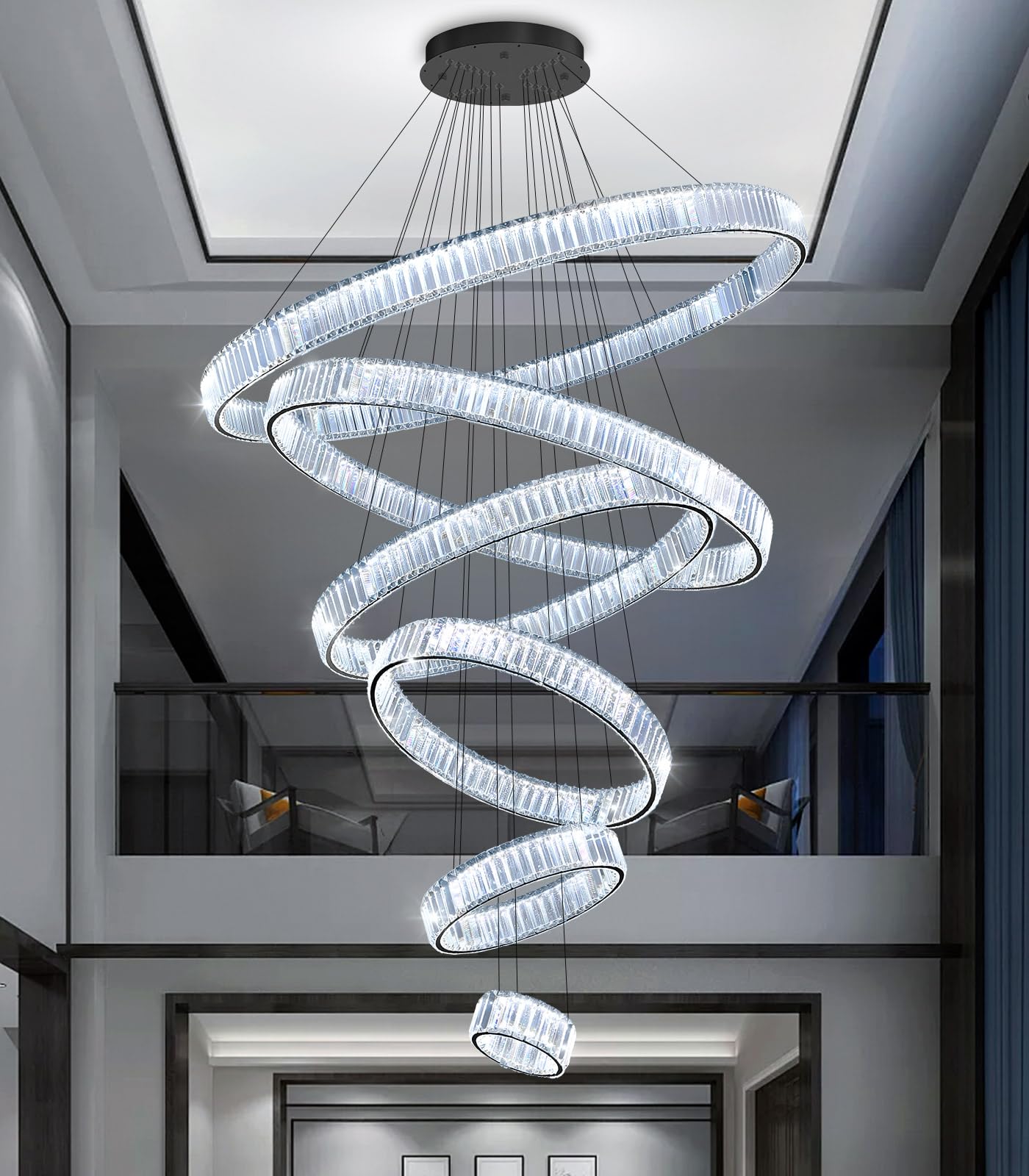 dolria Large Ring Chandelier Modern Crystal Chandeliers for High Ceiling Round LED Dimmable Ceiling Light Fixture for Foyer Long Stair Black 8''+16''+24''+32''+40''+47''