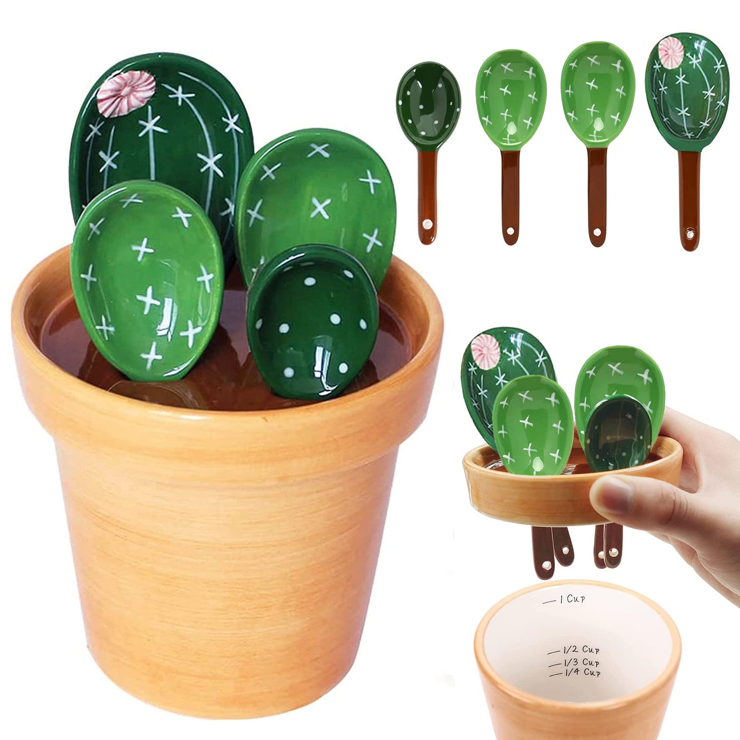 5 Pieces Measuring Spoons Set/Ceramics Spoons and Measuring Base Cup/for Dry and Liquid Ingredient, Cute Cactus Shape (Solid color base)