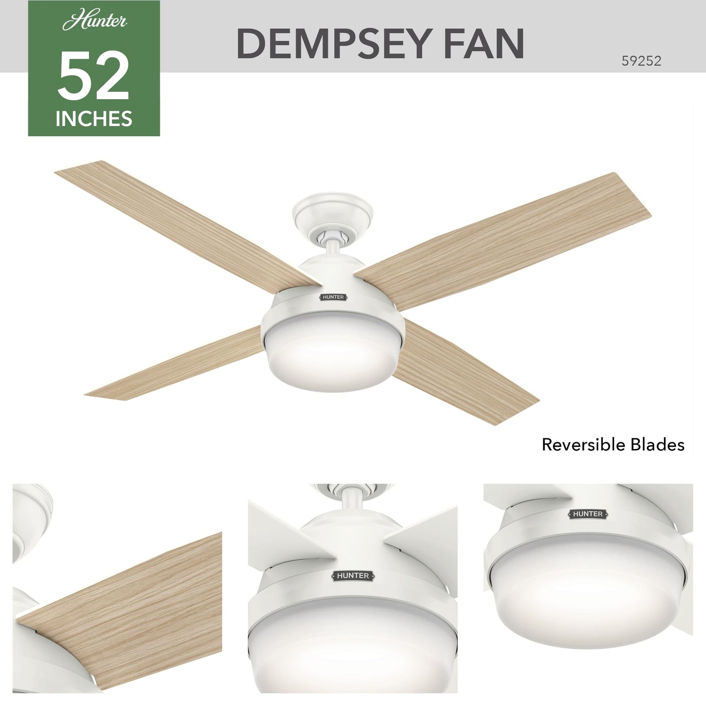Hunter 52 inch Outdoor or Indoor Ceiling Fan with LED Light and Remote Control - White Ceiling Fan, Standard Mount, 4 Blades, For Patio, Porch, Garage, or Living Room - Dempsey 59252, Fresh White