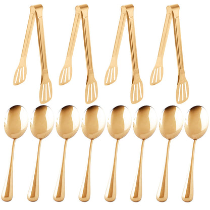 12PCS Stainless Steel Serving Utensils Sets,8 Large Serving Spoons,4 Serving Tongs,Gold Serving Utensills Sets for Buffet Catering Banquet Party (Gold)