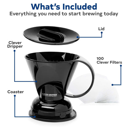 Clever Coffee Dripper and Filters, Large 18 oz (Black)| Barista's Choice| Safe BPA Free Plastic|Includes 100 Filters