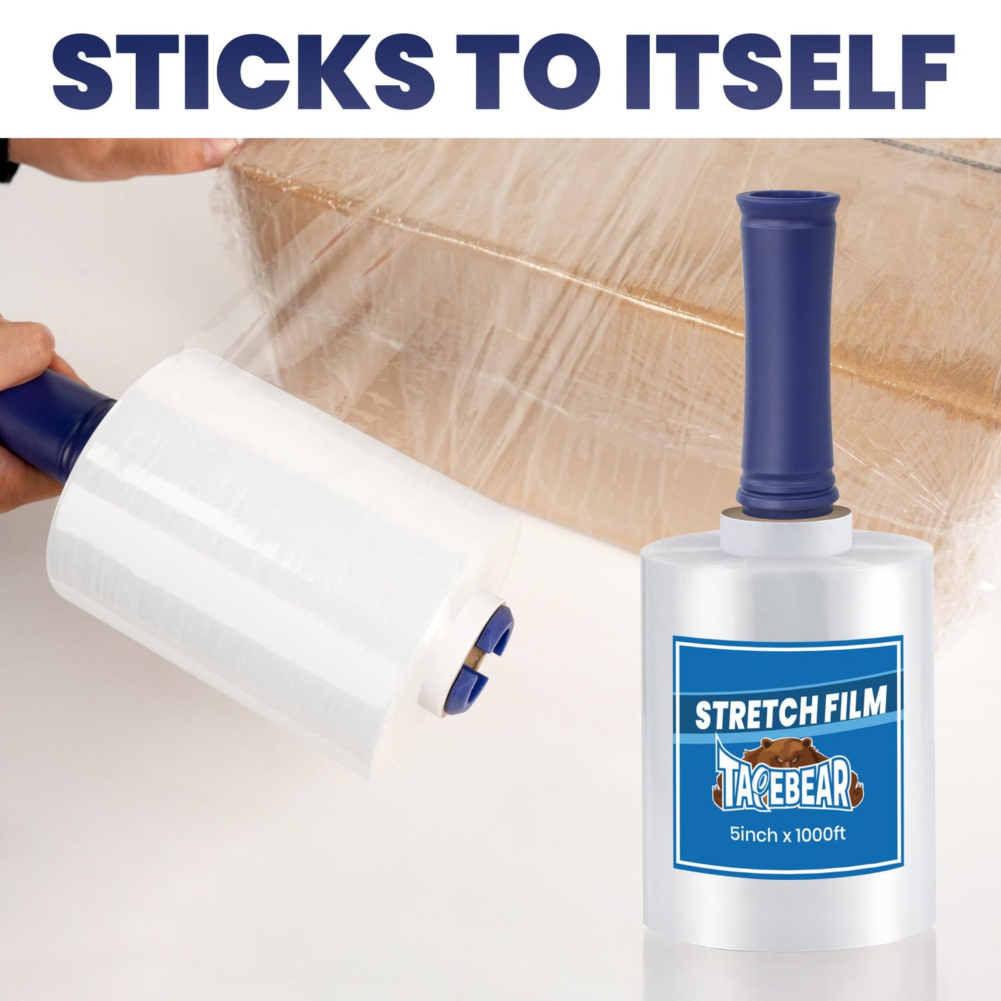 TAPEBEAR Mini Clear Stretch Wrap Film 80 Gauge 5" x 1000Ft, Shrink Wrap Roll with Handle, Durable Self-Adhering Clear Plastic Wrap Industrial Strength Pallet Shrink for Moving, Packing, 2-Pack