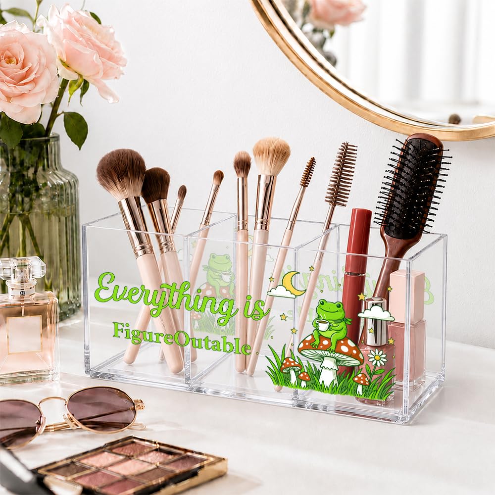 UAKXOIF Everything Is Figureoutable 3 Compartment Makeup Organizer & Pen Holder, Cute Frog Inspirational Cosmetic Storage Box for Lipstick Brushes Skincare, Desk Organizer for Office School Vanity