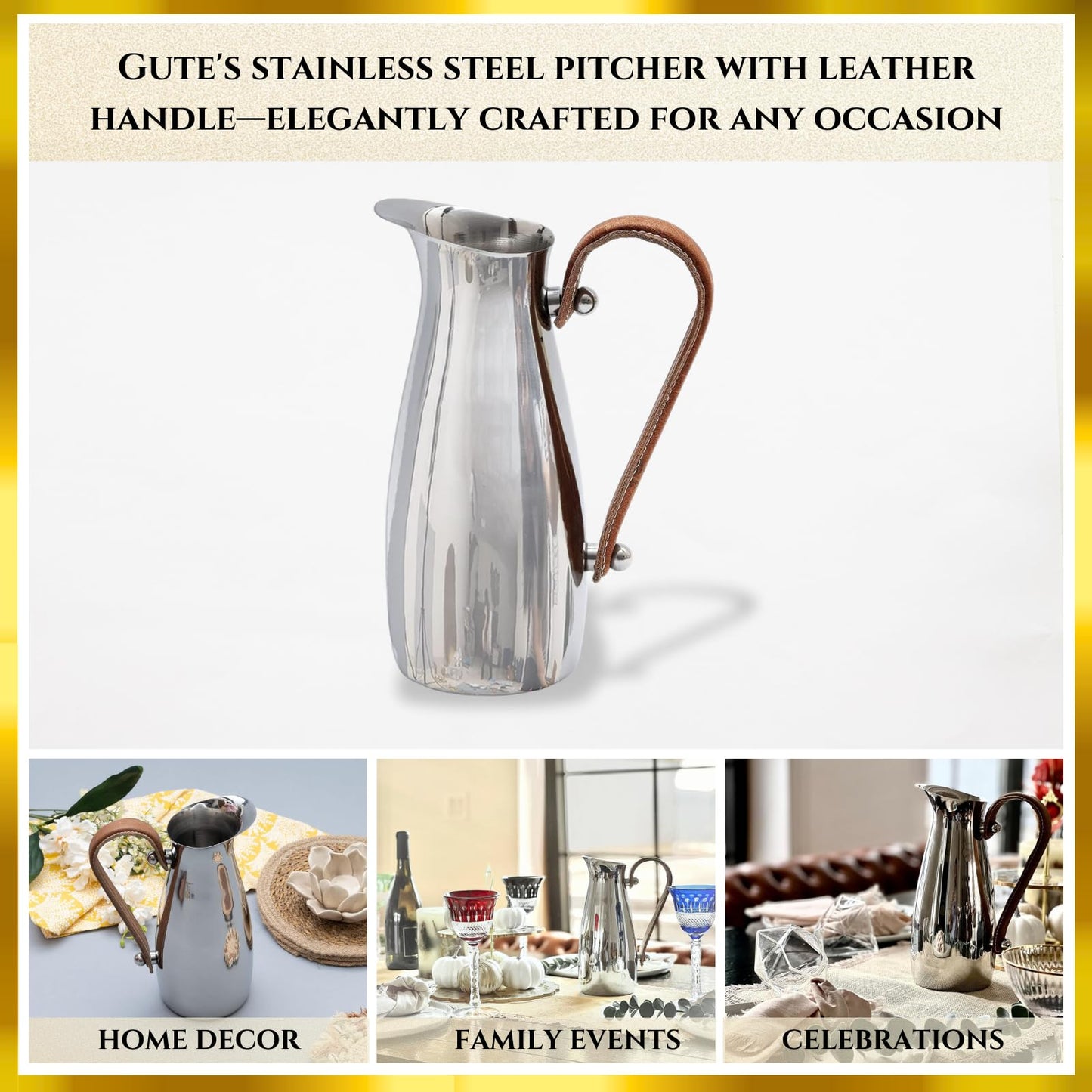 Stainless Steel Silver Water Pitcher Carafe with Leather Handle 10"H by Gute - Elegant Mirror Finish Bell Shaped Jug, For Hot/Cold Water, Iced Tea, Coffee, Sangria, Lemonade, and Flowers 42oz Capacity