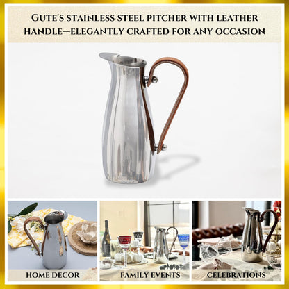 Stainless Steel Silver Water Pitcher Carafe with Leather Handle 10"H by Gute - Elegant Mirror Finish Bell Shaped Jug, For Hot/Cold Water, Iced Tea, Coffee, Sangria, Lemonade, and Flowers 42oz Capacity