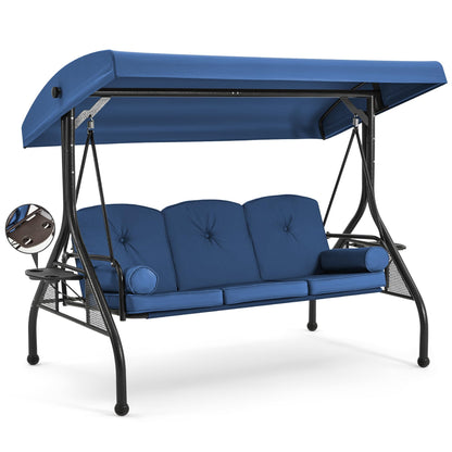 HOMREST 3 Seat Outdoor Porch Swing with Adjustable Canopy, Convertible Patio Swing Bed with Stand, Patio Glider Swing with Upgraded Cup Holder, Thicken Cushions ＆ Pillow for Backyard(Blue)