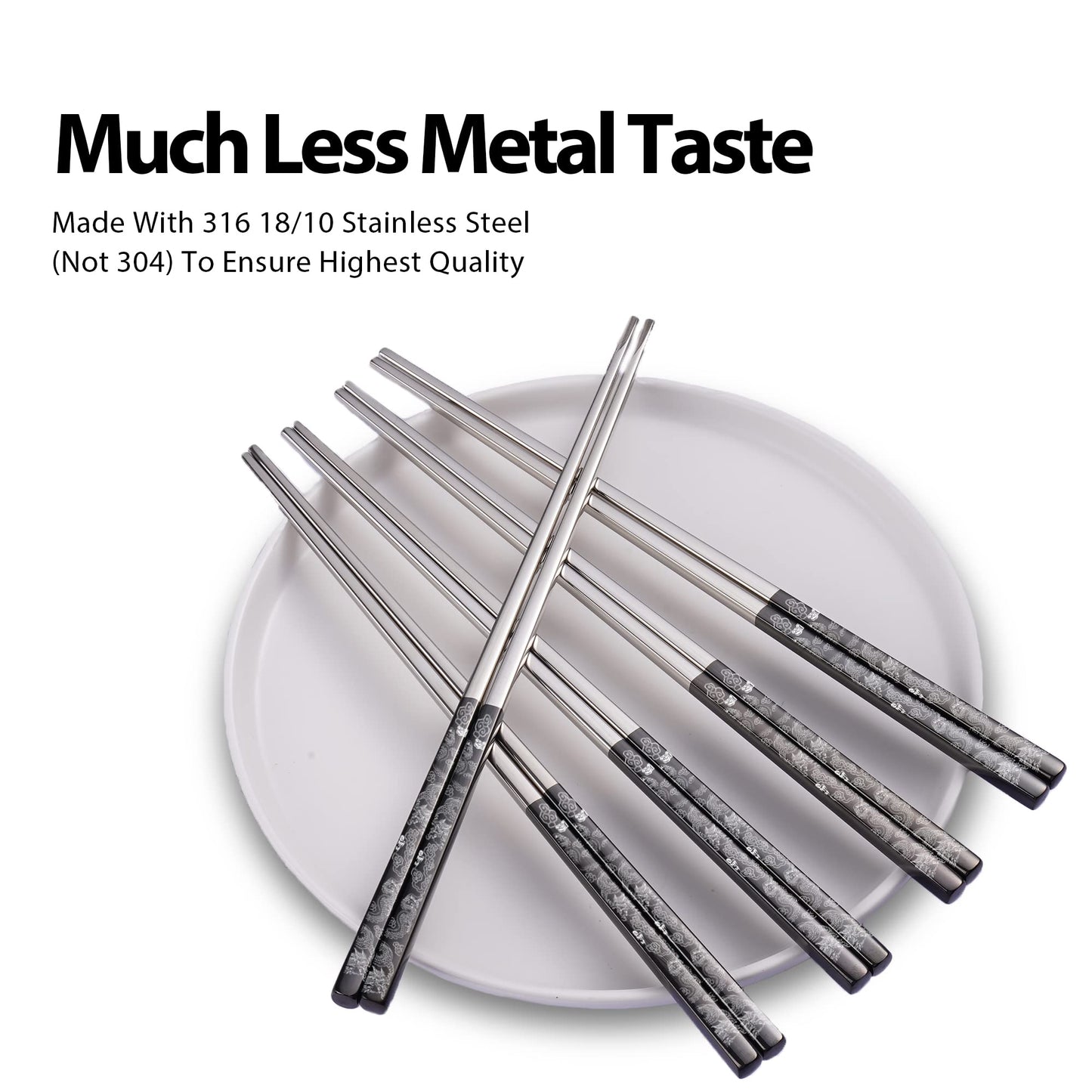 Hagary Dragon Chopsticks Metal Reusable Designed In Korea Japanese Style Stainless Steel 316 18/10 Non-Slip Dishwasher Safe Laser Etched (Black - 5 Pairs)
