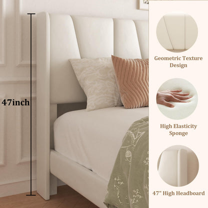 viplov King Bed Frame with Storage Drawers, Velvet Upholstered Platform Bed with 47" Tall Headboard and Wingboard, No Box Spring Needed, No Noise, Easy Assembly, Wooden Support Slats, Beige