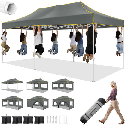 HOTEEL 10x20 Heavy Duty Pop up Canopy Tent with 6 Sidewalls, Easy Setup Outdoor Commercial Instant Gazebo for Parties Wedding Event, with Roller Bag & Sand Bags, Gray(Hexagonal Frame)