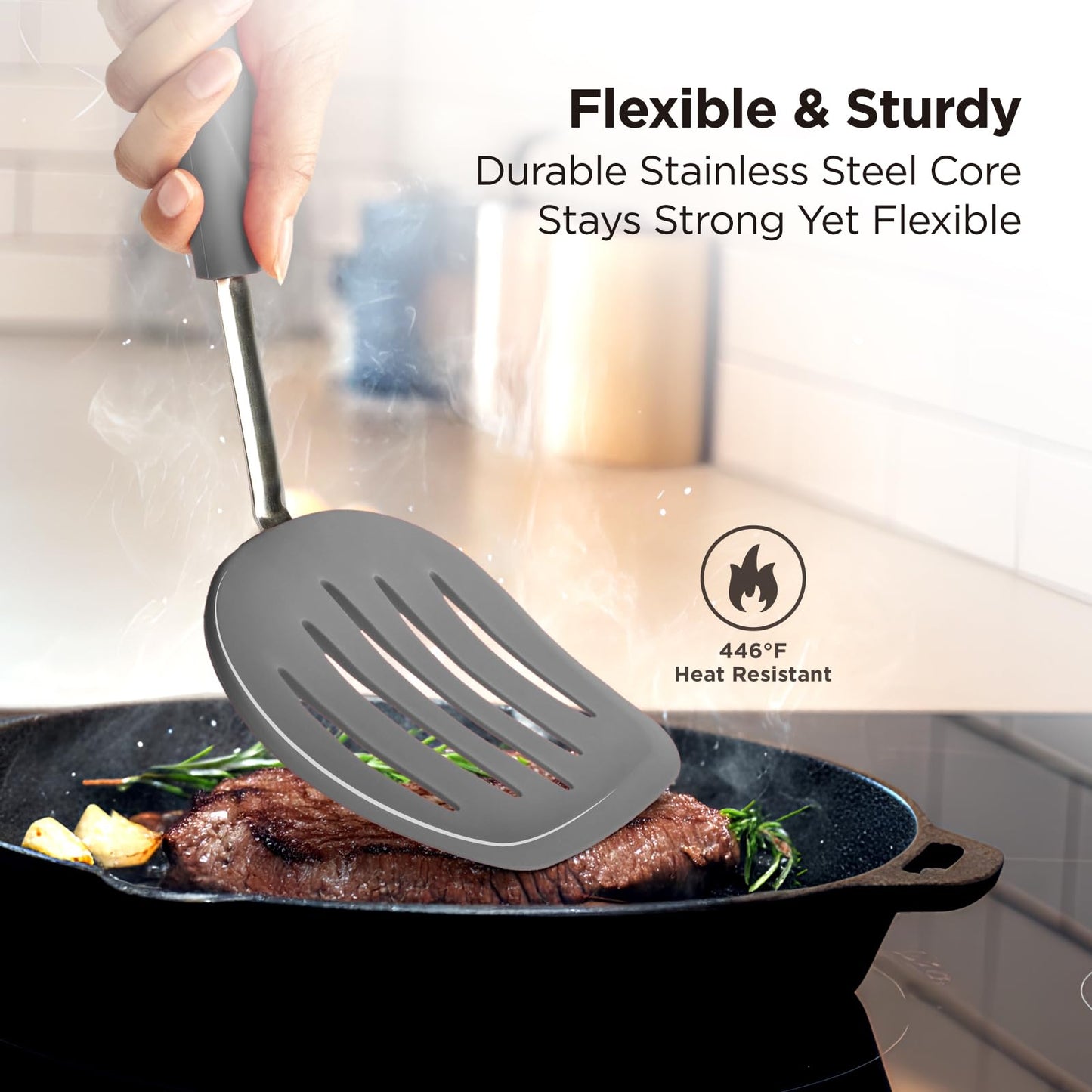 Kitchen Mama WaltzGrip Platinum Silicone Pancake Spatula Turner: Heat Resistant Flexible, Stainless Steel Core, Nonstick, Dishwasher Safe, Flipper – Ideal Kitchen Cookware Egg, Fish, Meat (Metal Gray)