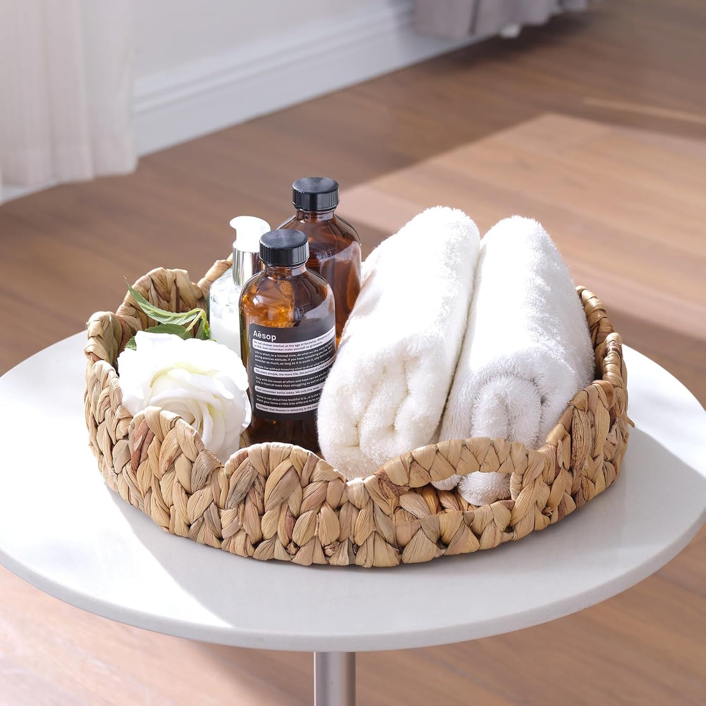 14 inch Yangqihome Round Scalloped Serving Tray, Decorative Water Hyacinth Scalloped Basket with Built-in Handles