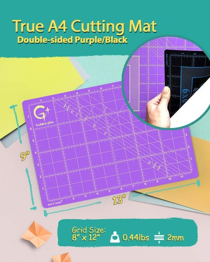 G+ Self-Healing Cutting Mat - True A4 9 x 12" (9 x 13" Full) Inches Purple/Black ; Self-Healing Double-Sided Durable Non-Slip Cutting Board for Crafts, Sewing, Fabric, Modeling and All Arts Projects