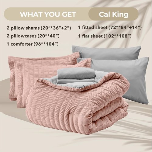 HYMOKEGE California King Comforter Set - Luxurious Rose Gold & Light Grey Seersucker | 7-Piece All-Season Bedding Set