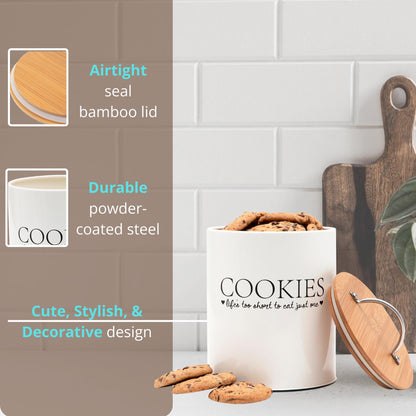 D'Lifeful Cookie Jar with Airtight Bamboo Lid – 0.6 Gallon Cute and Decorative Cookie Storage for Kitchen Countertop – Farmhouse Storage Tin for Freshness – Great Gift Idea