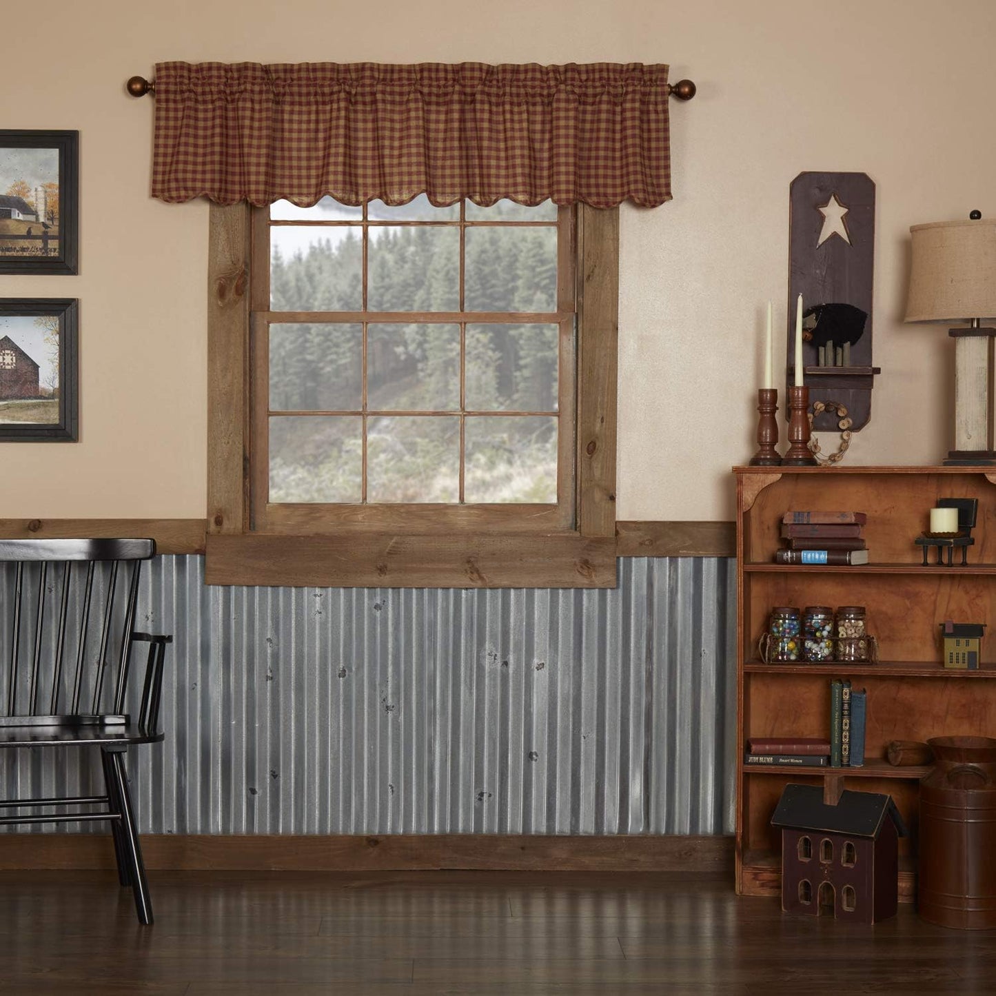 VHC Brands Burgundy Check Primitive Valance, 16"x72", Red Rod Pocket Cotton Kitchen Curtains
