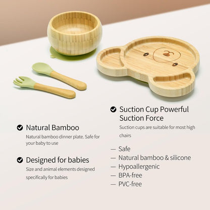 Imagination Junction Bamboo Suction Plates Bowls Setfor Baby Toddler Divided Platter Food bowl with Silicone Fork & Spoon All-Natural Baby Feeding Set, Kids Feeding Essentials