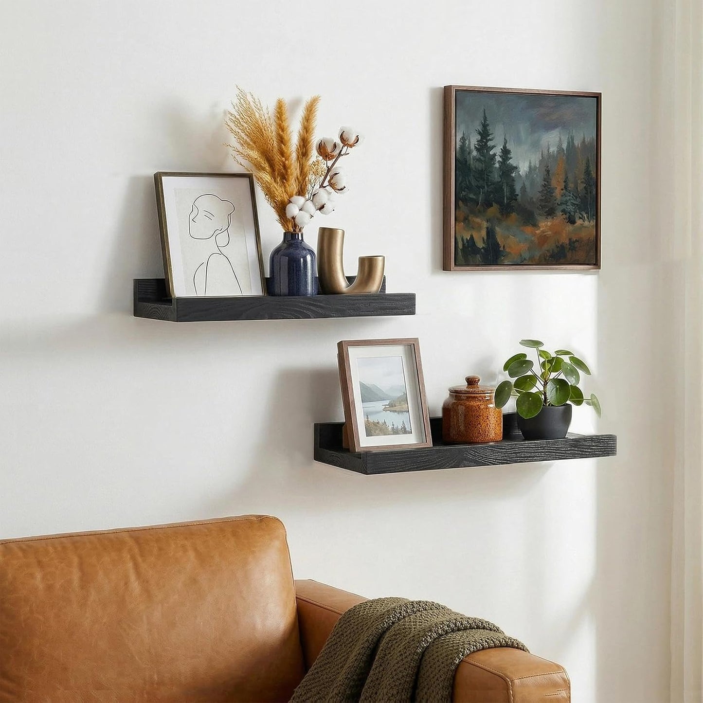 12 5.5inch, 2 Pack Z metnal Wood Floating Shelves, Small Natural Wooden Display Wall Shelf for Picture Ledge, Wall