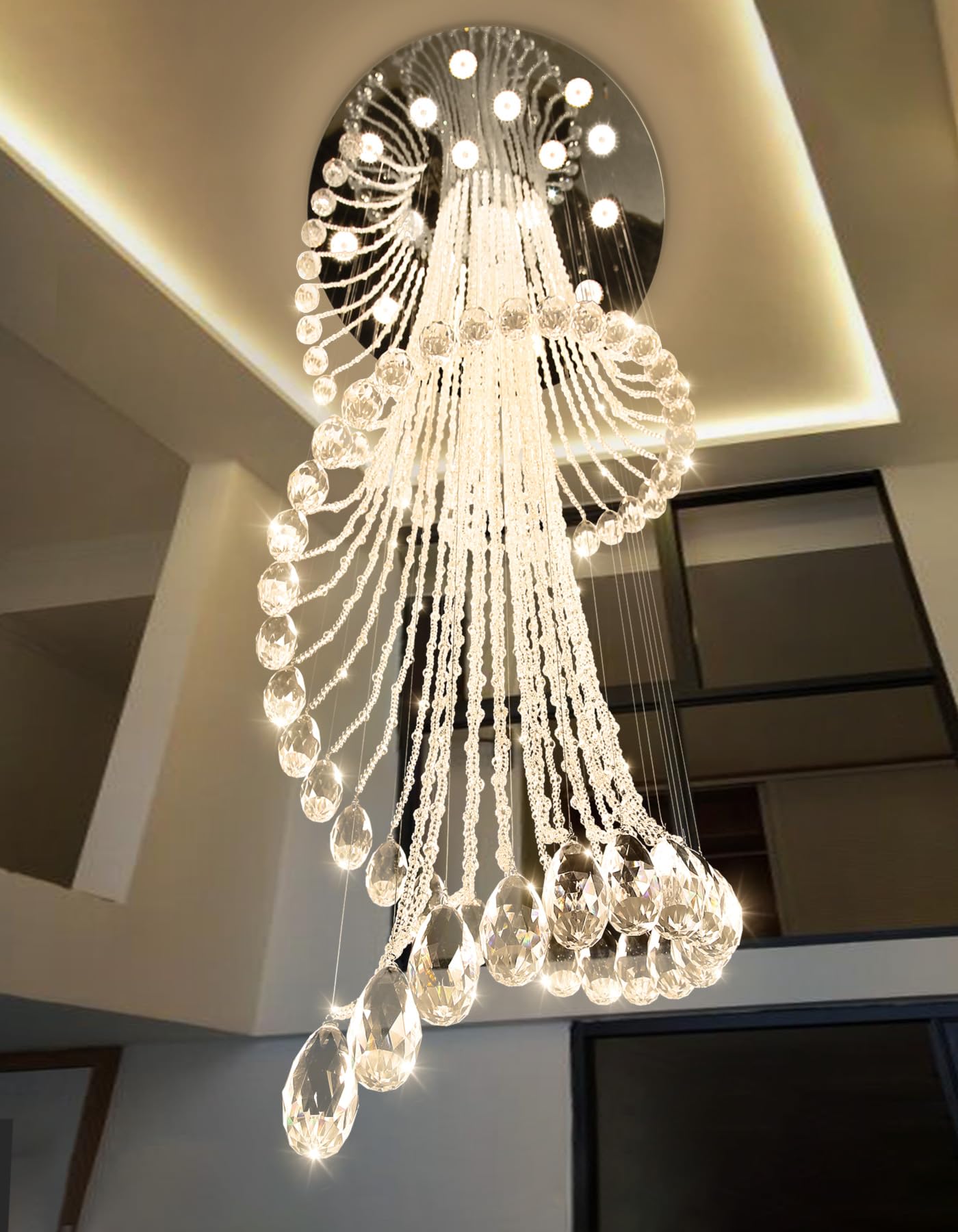 D40'' x H120'' Modern Crystal Chandelier for Foyer Glam Chandelier High Ceiling Chandeliers Large Raindrop Pendant Lights LED Dimmable Light Fixtures for Staircaes Living Room Entryway Silver
