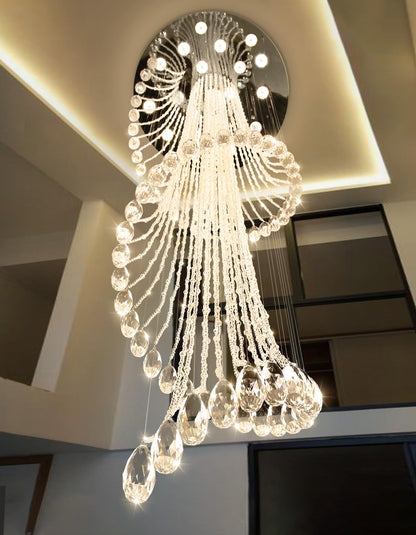 D40'' x H120'' Modern Crystal Chandelier for Foyer Glam Chandelier High Ceiling Chandeliers Large Raindrop Pendant Lights LED Dimmable Light Fixtures for Staircaes Living Room Entryway Silver