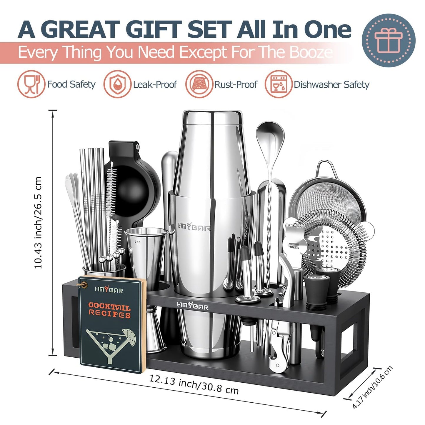 HMYBAR® Bartender Kit with Black Bamboo Stand, 31-Piece Cocktail Shaker Set, 20/28 oz Boston Shaker Set for Home Bar, Mixology Bar Tool Set with 39 Recipe Cards
