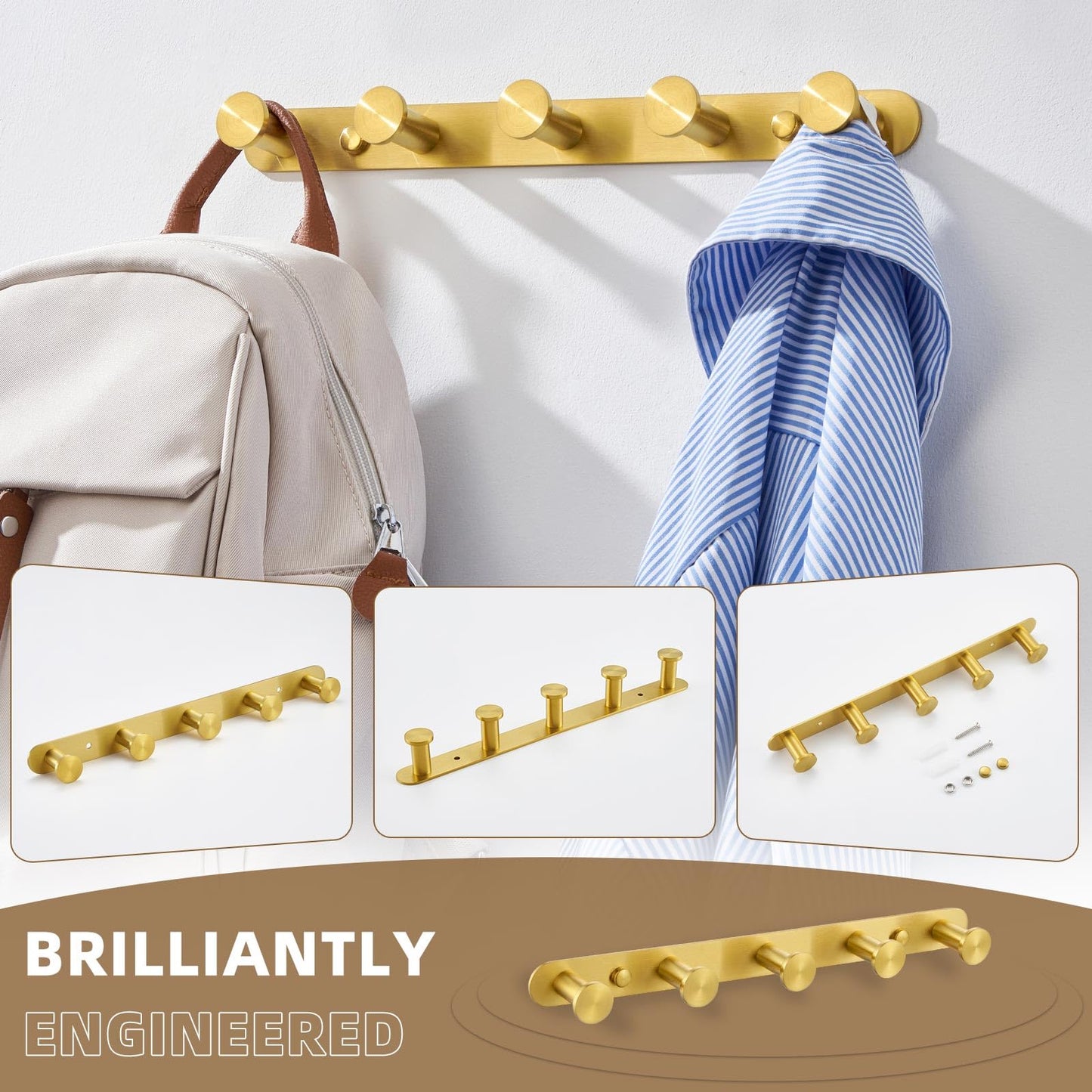 Angle Simple Towel Hook Rack Brushed Dark Gold, SUS304 Stainless Steel Bathroom Hook Rail 5 Hooks, Utility Kitchen Towel Holder, Wall Mount