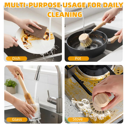 Natural Bamboo Dish Brush Set - 6 PCS Kitchen Cleaning Brush Kit with 4 Utensil Brushes and 2 Coconut Fiber Dish Sponges, for Cleaning Pots, Pans, Dishes, Bottles, Vegetables, and Fruits