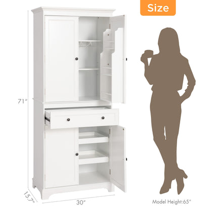 Spirich 71'' Tall Kitchen Pantry Cabinet, Wood Food Pantry Cabinet with Drawers and Wine Glass Rack, Freestanding Storage Cabinet for Kitchen, Living Room, Dining Room, White