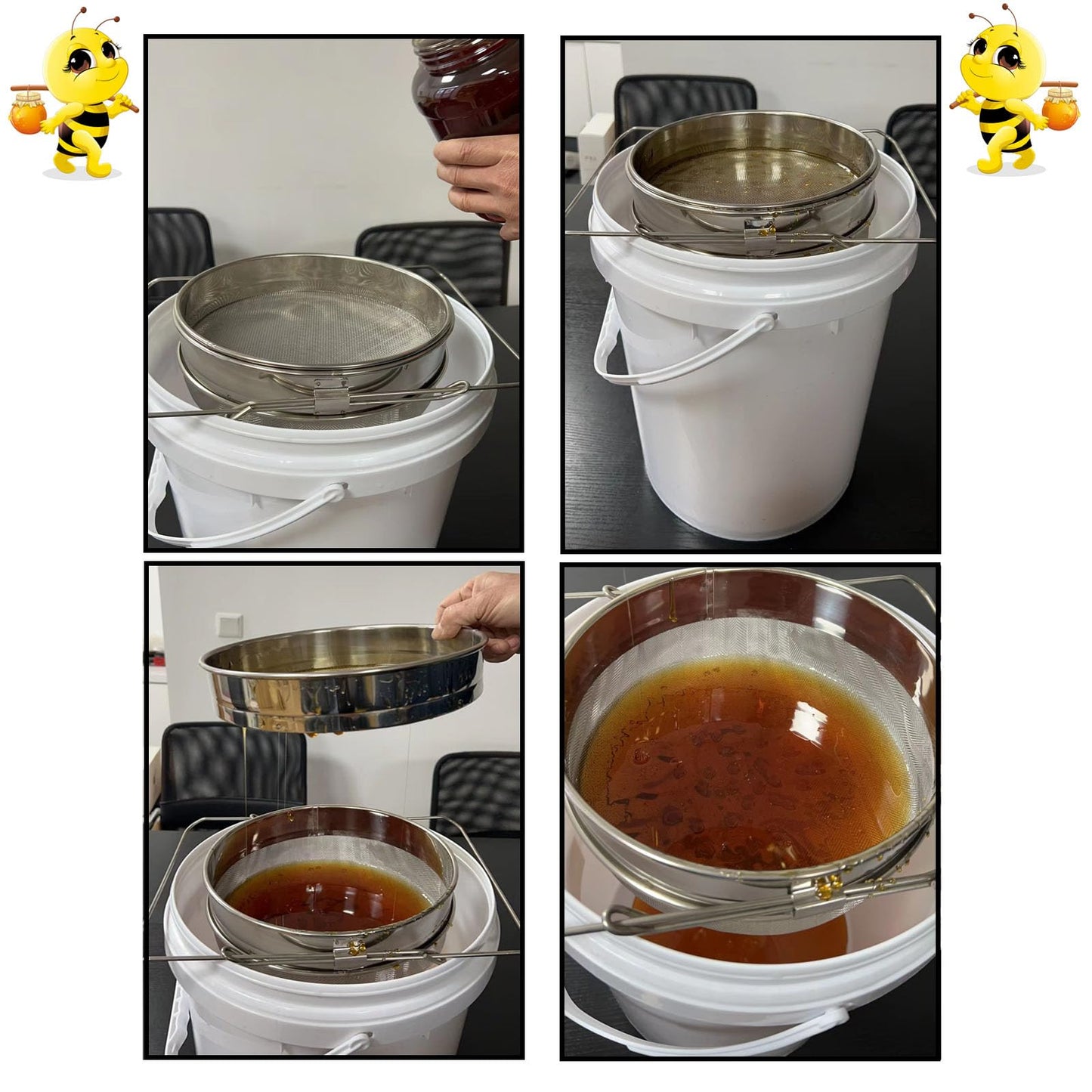 NIZEFEI Double Sieve Honey Strainer for 5 Gallon Bucket Stainless Steel Honey Filter with Up to 16.5 inches Extendable Arms Honey Processing Equipment