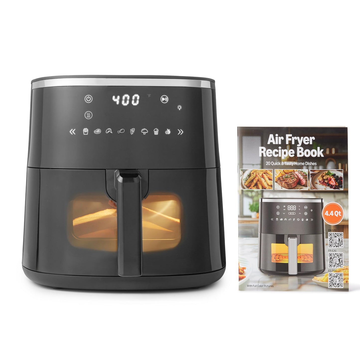 Amazon Basics 4.4-Quart Air Fryer with Easy View Window, 8 Preset Menus, 1400W, Black