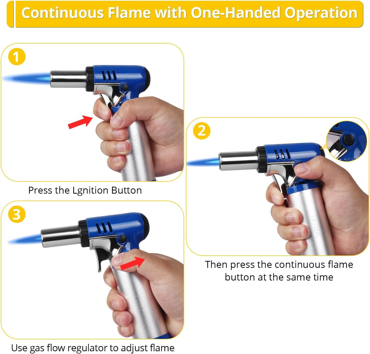TBTEEK Butane Torch T907 with Fuel Gauge, One-Hand Operation Kitchen Lighter for BBQ, Baking, Crafts (Blue)