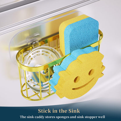 Consumest Sponge Holder Smiley Face - Kitchen Sink Caddy, Sink Organizer with Removable Suction Cups & Adhesive Strips, Suit for Sponge, Soap,Gold