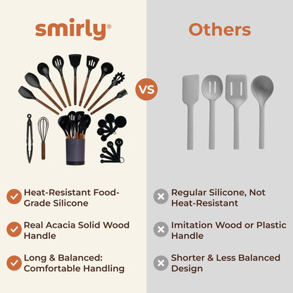 SMIRLY Kitchen Utensils Set – 22-Piece Silicone Cooking Utensils Set, Spatula Set with Holder, Wooden Handle Silicone Kitchen Gadgets for Nonstick Cookware