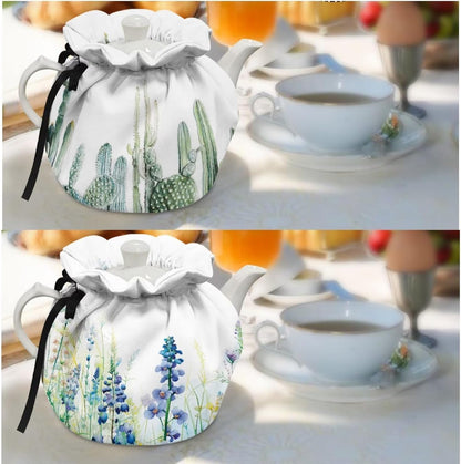 Kettle Cover Teapot Cozy, Insulated Breakfast Pot Cover, 2Pcs Set with Elastic Band for Household, Cactus and Purple
