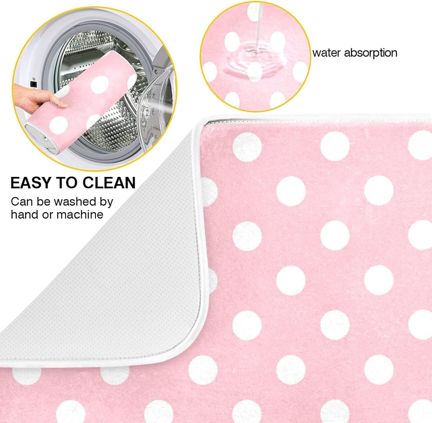 Pink White Polka Dot Dish Drying Mat for Kitchen Counter, 18 x 24 Inch Absorbent Microfiber Drainer Mat