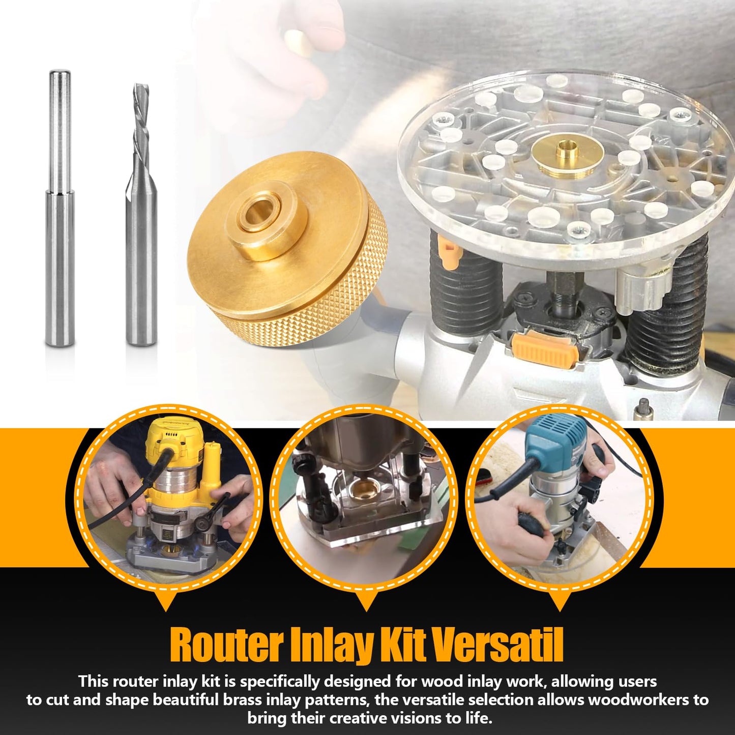 71333 Inlay Router Bit Bushing Set for 1/4 Templates High RPM Routing, Includes 1/8" Carbide Spiral Bit + 1/4 Shank - Universal Quick Change Bushing, Retainer Nut, Collar, Alignment Pin