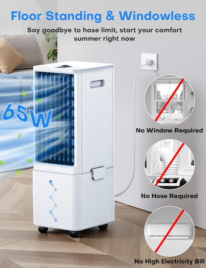 COOLECH Windowless Air Conditioner w/4 Mode&3 Speed, Waterless Alert, 2.4-Gal Tank for 24H Cooling, 12H Timer,20FT Remote, 70° Auto Swing Evaporative Air Cooler, Portable Air Conditioners for Bedrooms