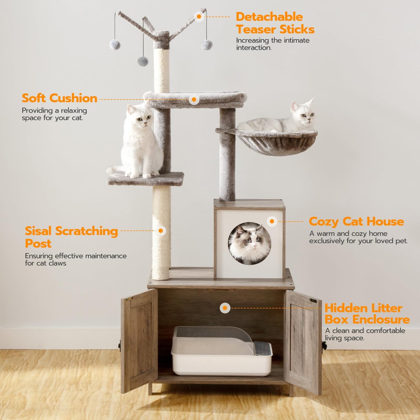 HOOBRO Cat Tree with Litter Box Enclosure Indoor, Wooden Cat Tower with Scratching Posts, Litter Box Furniture Hidden, All-in-One Cat House, Greige BG15MZ03-BG51MZ03