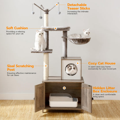 HOOBRO Cat Tree with Litter Box Enclosure Indoor, Wooden Cat Tower with Scratching Posts, Litter Box Furniture Hidden, All-in-One Cat House, Greige BG15MZ03-BG51MZ03