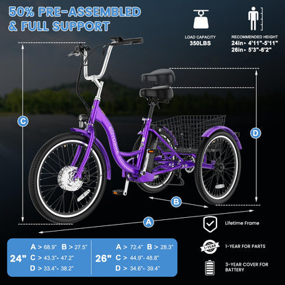 MOONCOOL Electric Tricycle for Adults, 350W 36V Removable Battery, 7 Speeds 3 Wheels Electric Trikes with Large Basket Up to 60Miles